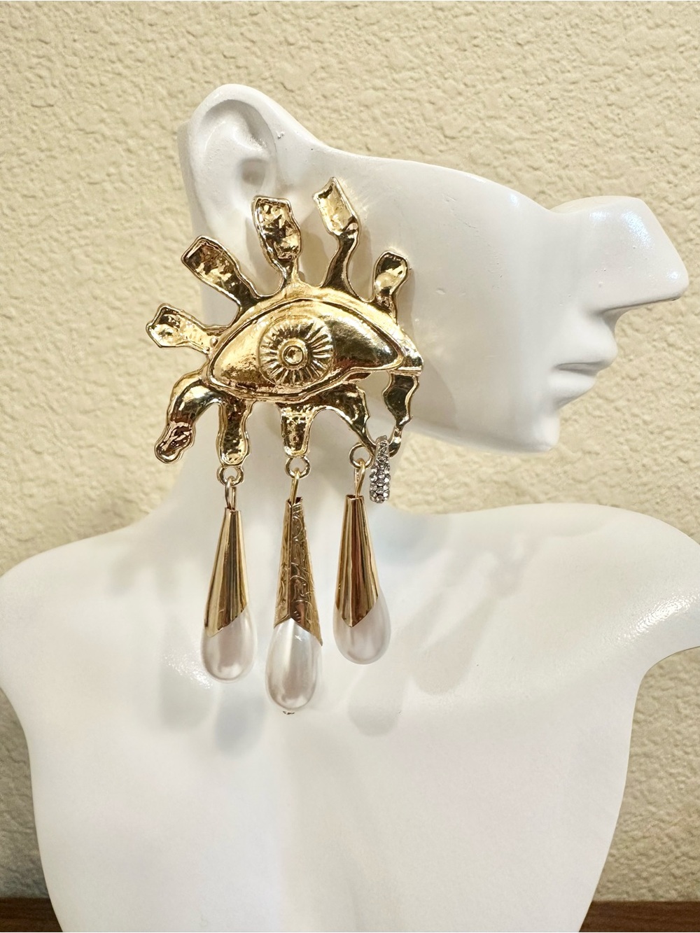 Gold Plated Evil Eye Statement Earrings with Pearl Dangles